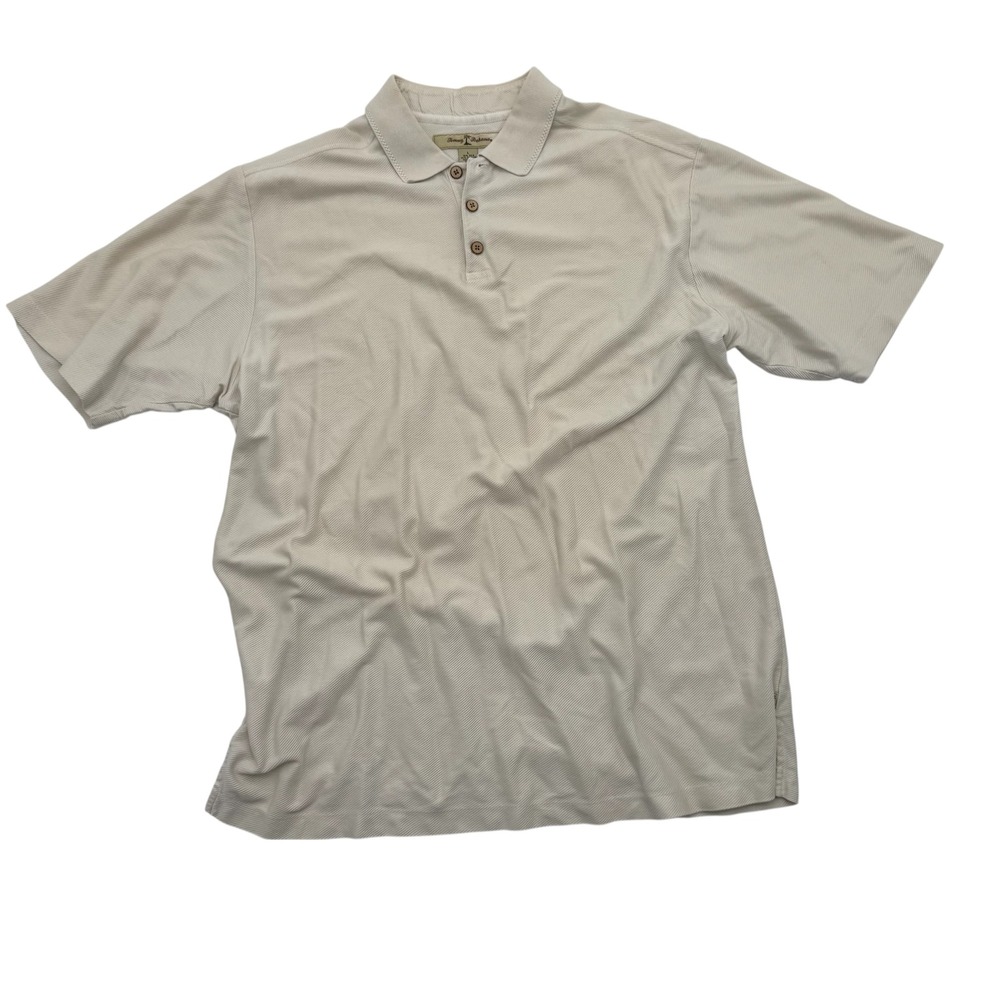 Tommy Bahama Mens Silk Cotton Ribbed Polo Shirt Beige Tan Short Sleeve‎ Large